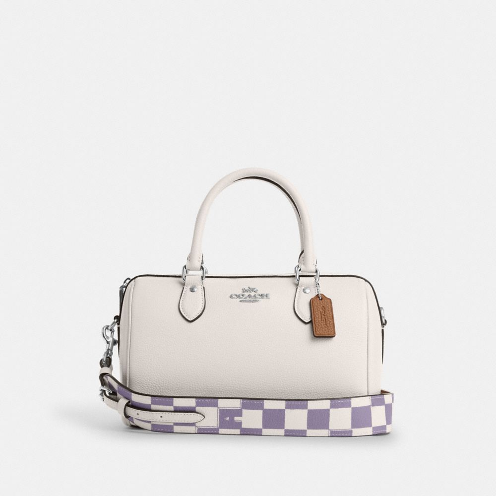 COACH®,ROWAN SATCHEL BAG WITH CHECKERBOARD PRINT,Novelty Leather,Medium,Silver/Light Violet/Chalk,Front View