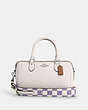 COACH®,ROWAN SATCHEL BAG WITH CHECKERBOARD PRINT,Leather,Medium,Silver/Light Violet/Chalk,Front View
