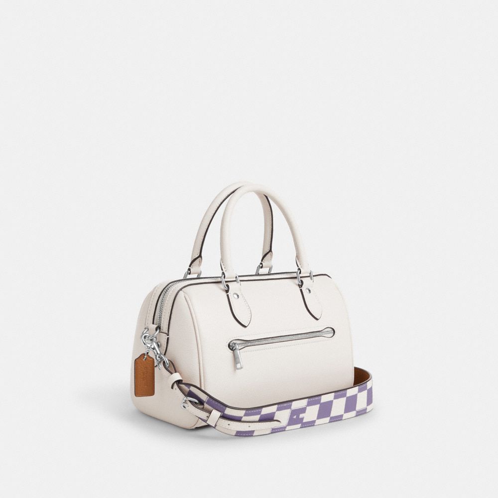 COACH®,ROWAN SATCHEL BAG WITH CHECKERBOARD PRINT,Novelty Leather,Medium,Silver/Light Violet/Chalk,Angle View