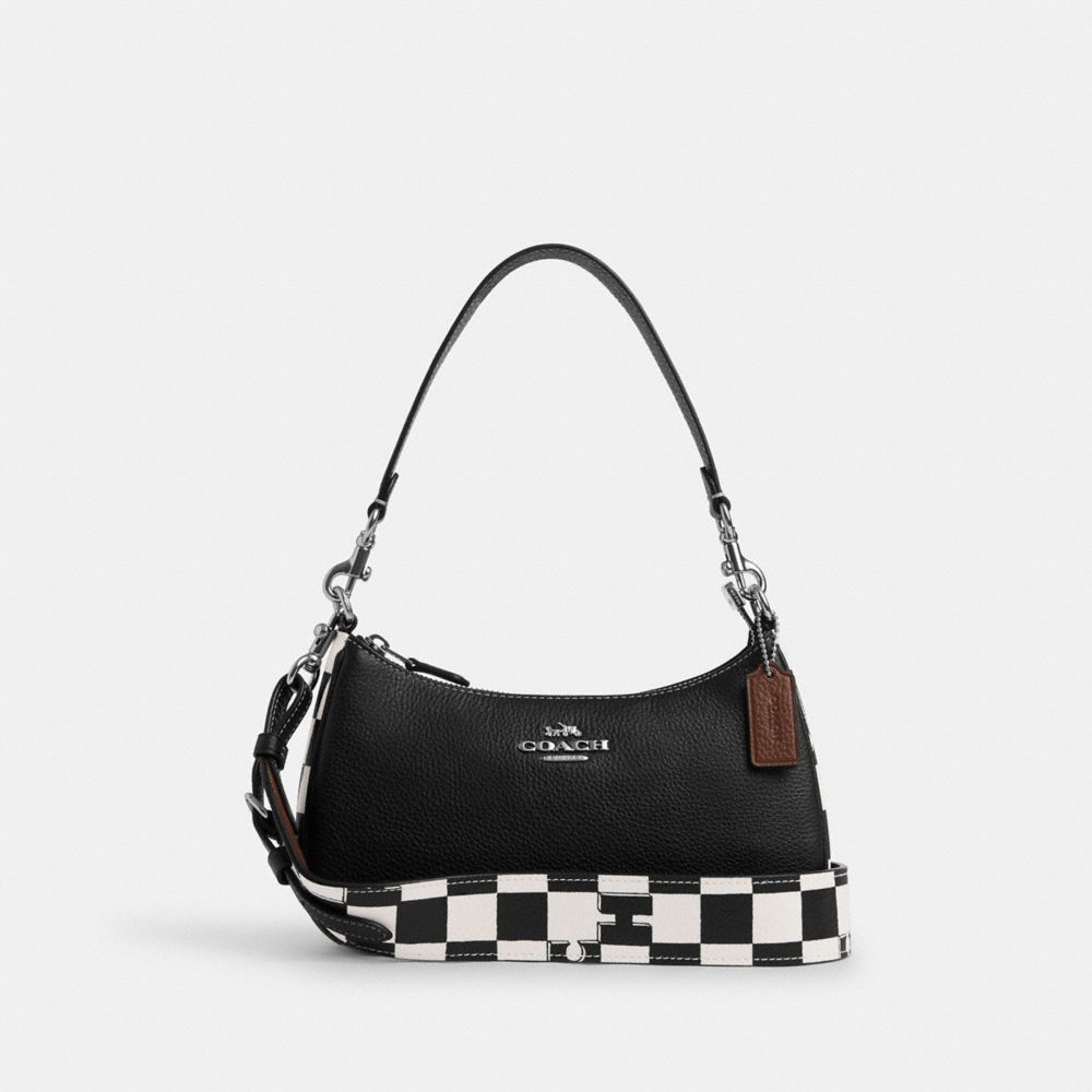 Silver Black Chalk Teri Shoulder Bag With Checkerboard Print