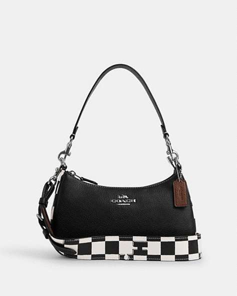 COACH®,TERI SHOULDER BAG WITH CHECKERBOARD PRINT,Leather,Medium,Silver/Black/Chalk,Front View