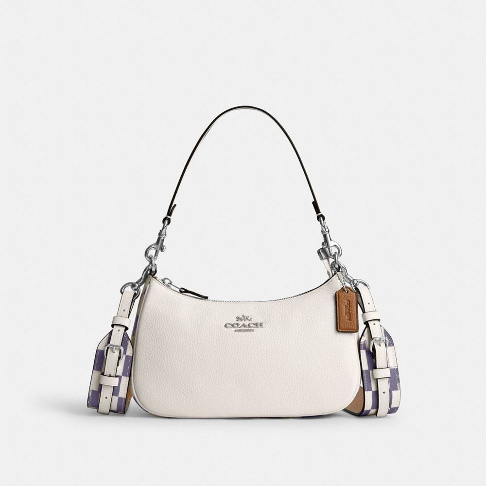 COACH®,TERI SHOULDER BAG WITH CHECKERBOARD PRINT,Novelty Leather,Medium,Silver/Light Violet/Chalk,Front View