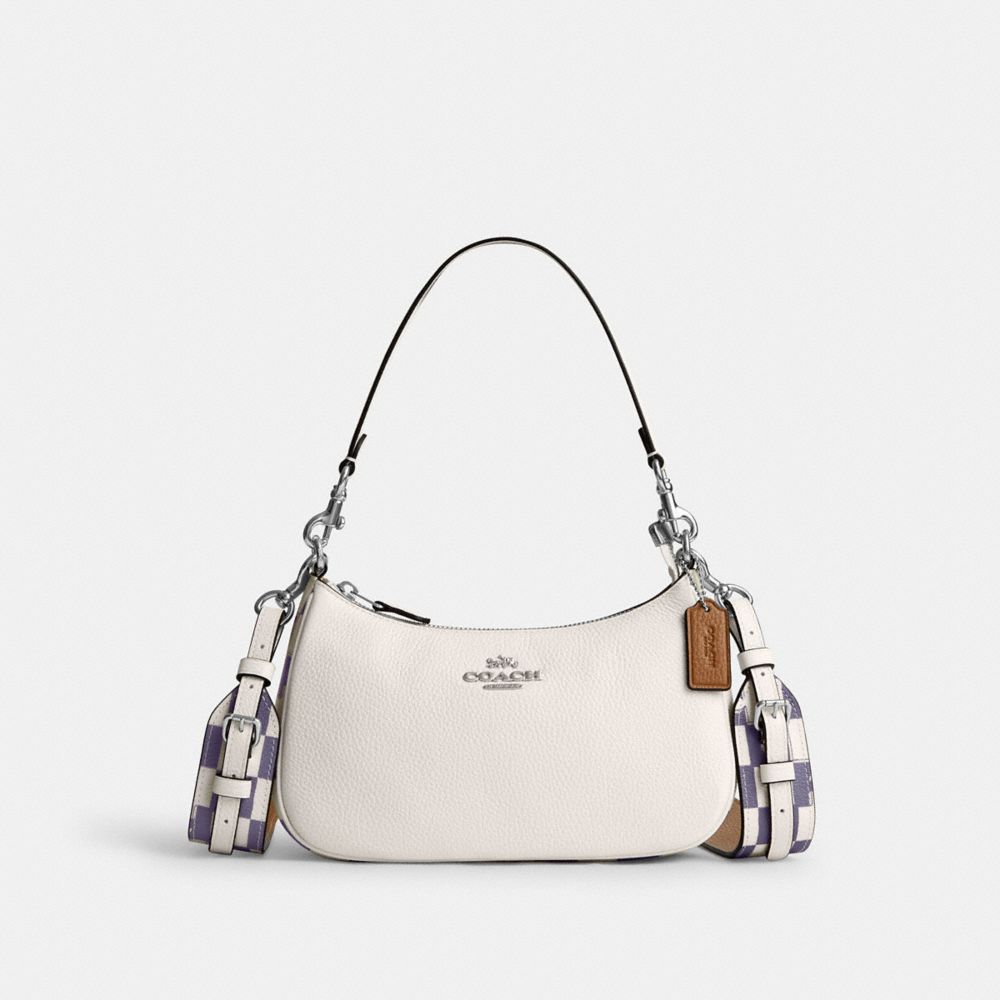 COACH®,TERI SHOULDER BAG WITH CHECKERBOARD PRINT,Novelty Leather,Medium,Silver/Light Violet/Chalk,Front View