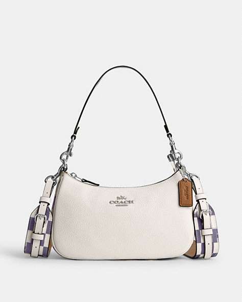 COACH®,TERI SHOULDER BAG WITH CHECKERBOARD PRINT,Leather,Medium,Silver/Light Violet/Chalk,Front View
