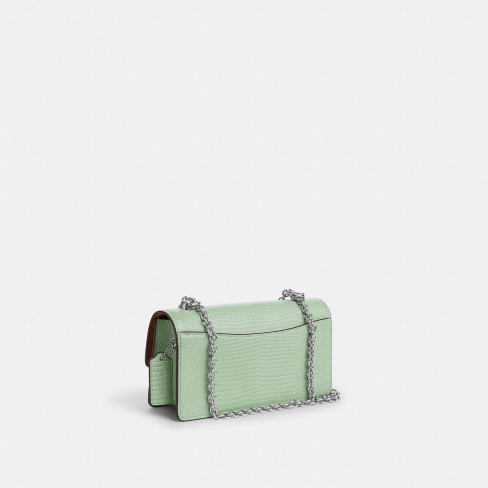 COACH®,ELIZA FLAP CROSSBODY BAG,Novelty Leather,Small,Silver/Pale Green,Angle View