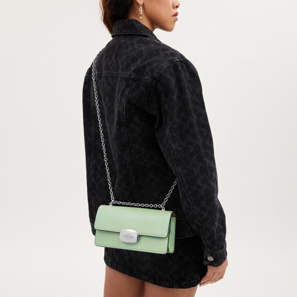 COACH®,Eliza Flap Crossbody Bag,Leather,Crossbody,Logo,Metal,Silver Metal,Day Party,Green,Detail View