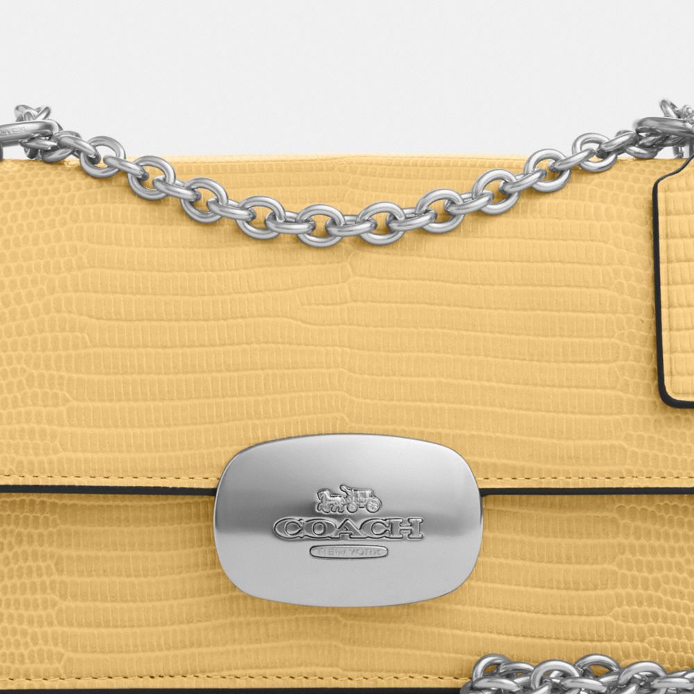COACH®,Eliza Flap Crossbody Bag,Leather,Crossbody,Logo,Metal,Silver Metal,Day Party,Yellow