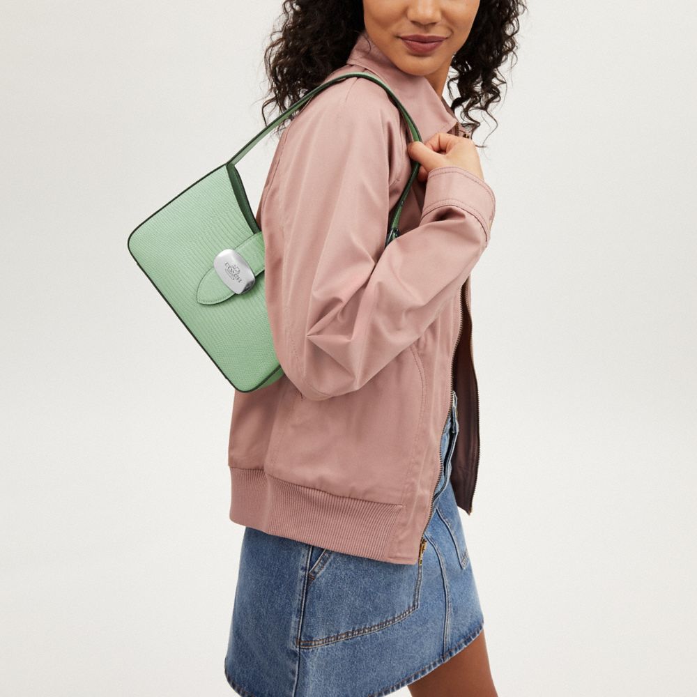 COACH®,Eliza Shoulder Bag,Leather,Shoulder Bag,Logo,Metal,Silver Metal,Day Party,Green,Detail View