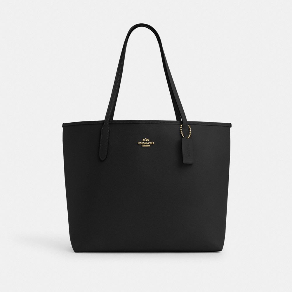 COACH®,CITY TOTE BAG,Pebbled Leather,Gold/Black,Front View image number 0