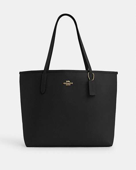 COACH®,CITY TOTE BAG,Leather,X-Large,Gold/Black,Front View