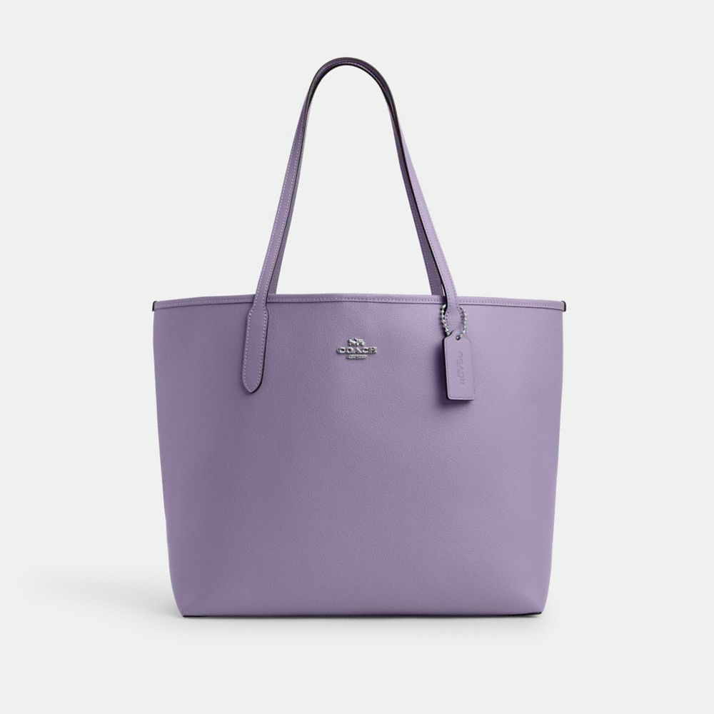 COACH®,CITY TOTE BAG,Leather,Silver/Light Violet,Front View