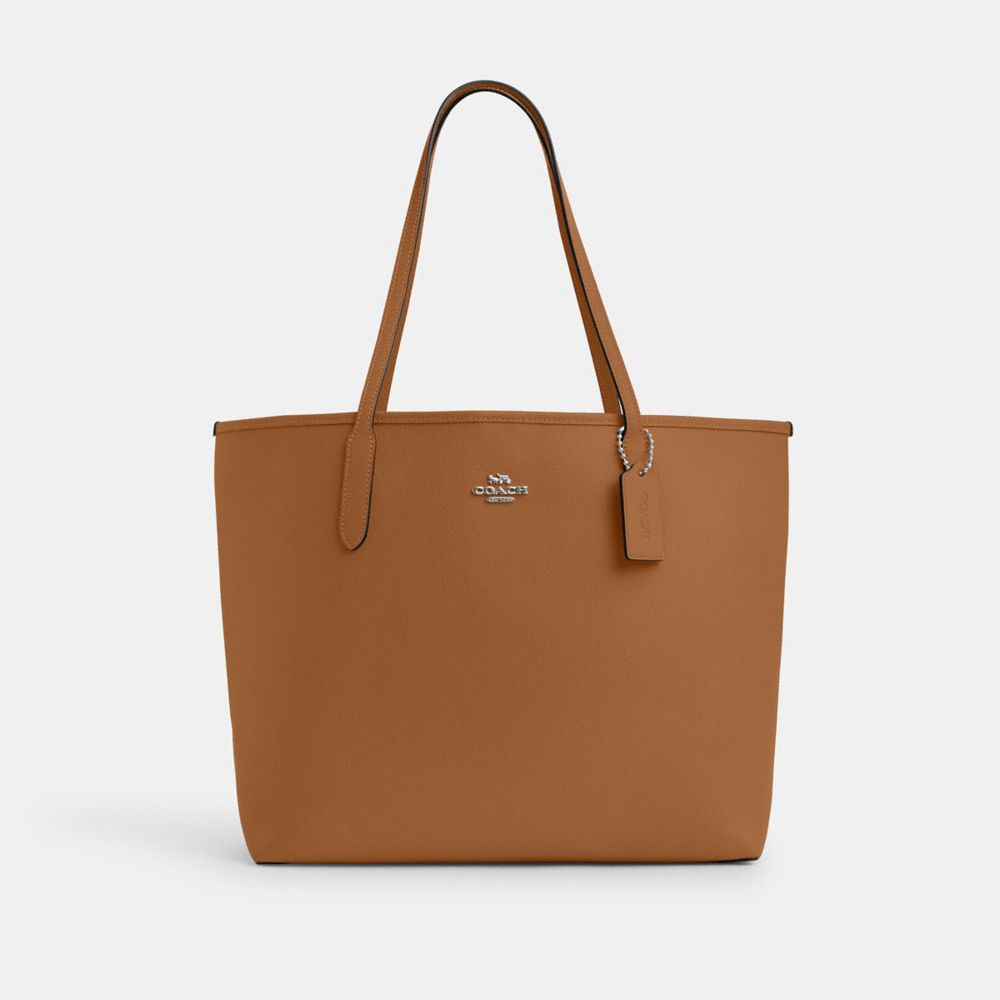 COACH®,CITY TOTE BAG,Pebbled Leather,Silver/Light Saddle,Front View