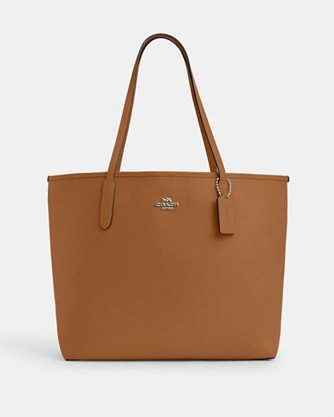 COACH®,CITY TOTE BAG,Leather,Silver/Light Saddle,Front View