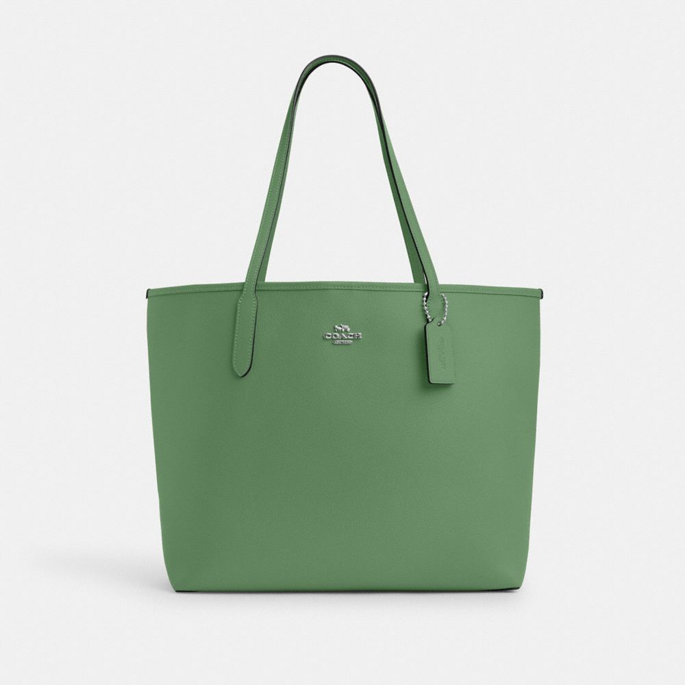 COACH®,CITY TOTE BAG,Pebbled Leather,X-Large,Silver/Soft Green,Front View