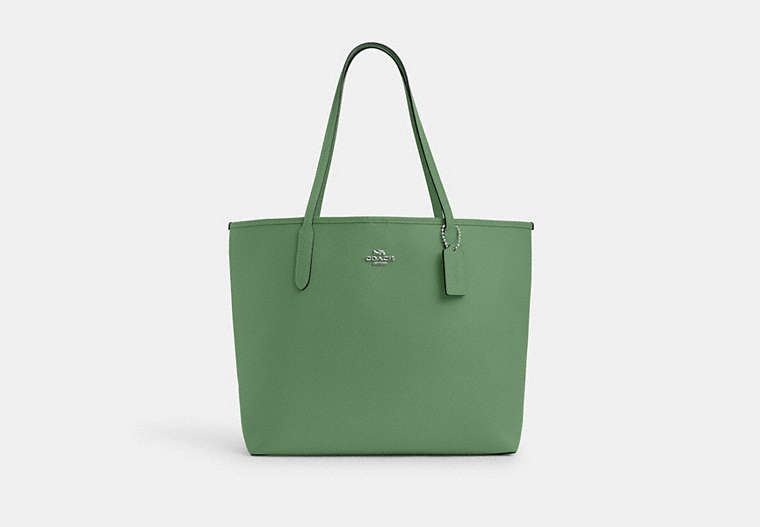COACH®,CITY TOTE BAG,Leather,X-Large,Silver/Soft Green,Front View image number 0