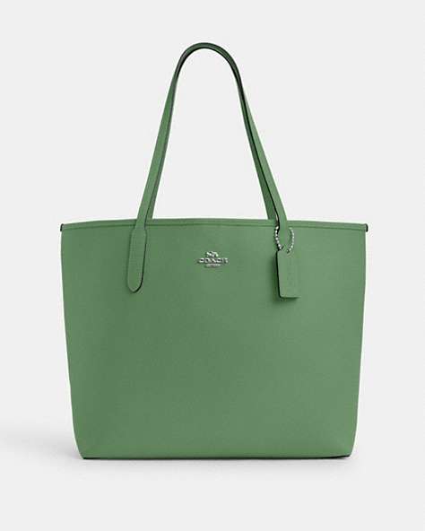 COACH®,CITY TOTE BAG,Leather,X-Large,Silver/Soft Green,Front View