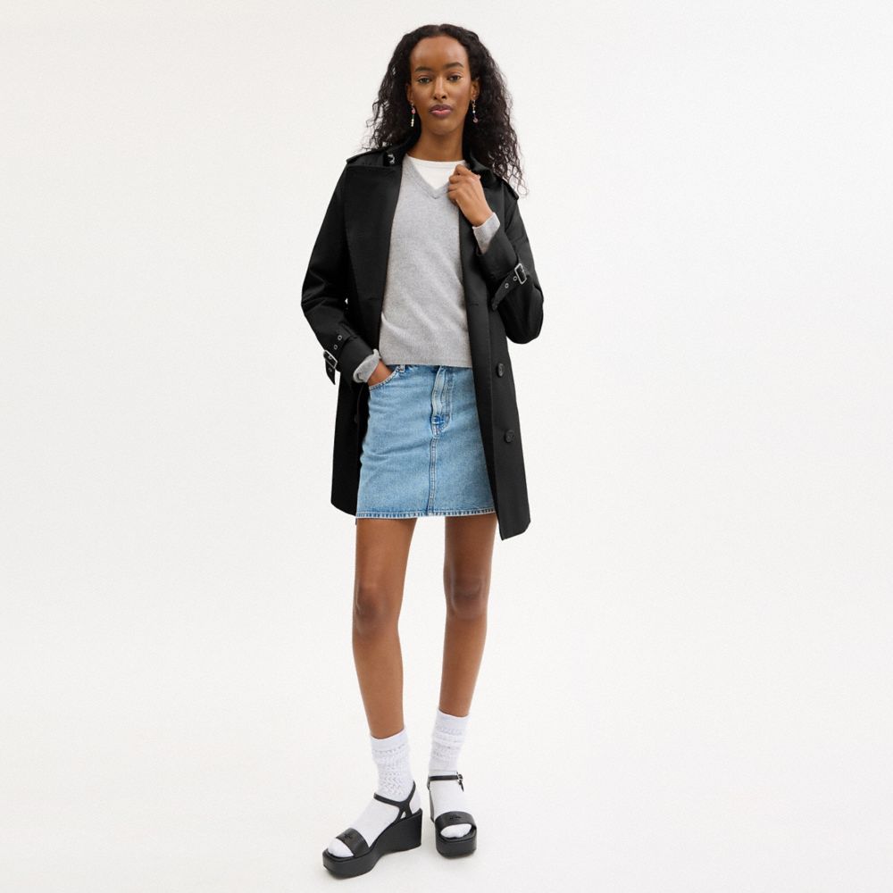 COACH®,Solid Mid Trench,Organic Cotton,Viscose,Polyester,Recycled Polyester,Trench,Button,Work,Black,Scale View