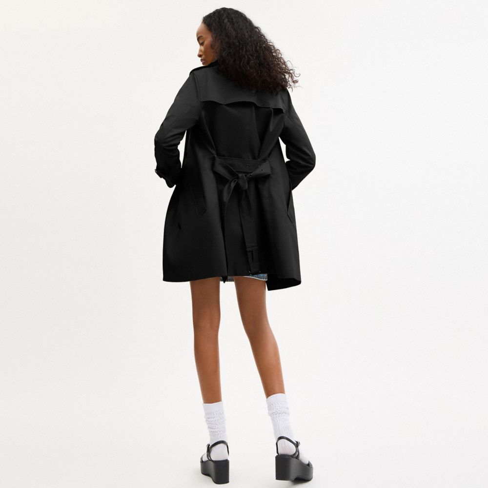 COACH®,Solid Mid Trench,Organic Cotton,Viscose,Polyester,Recycled Polyester,Trench,Button,Work,Black,Scale View