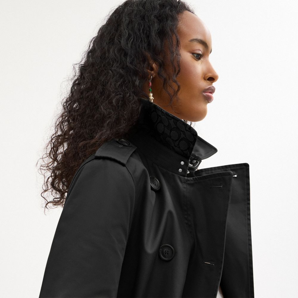 COACH®,Solid Mid Trench,Organic Cotton,Viscose,Polyester,Recycled Polyester,Trench,Button,Work,Black,Detail View