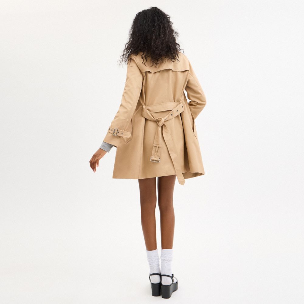 COACH®,Solid Mid Trench,Organic Cotton,Viscose,Polyester,Recycled Polyester,Trench,Button,Work,Beige,Scale View