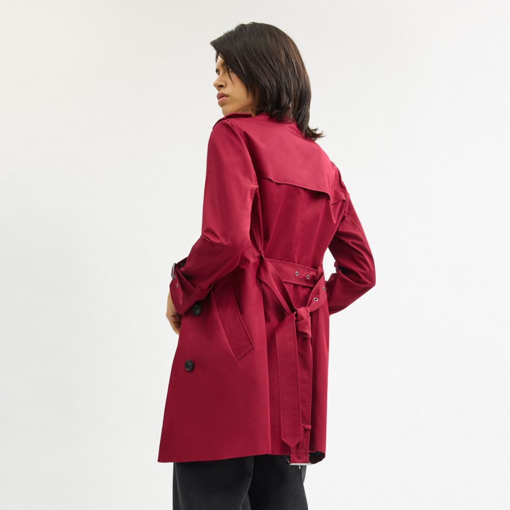 COACH®,Solid Mid Trench,Organic Cotton,Recycled Polyester,Viscose,Polyester,Trench,Button,Work,Maroon,Scale View