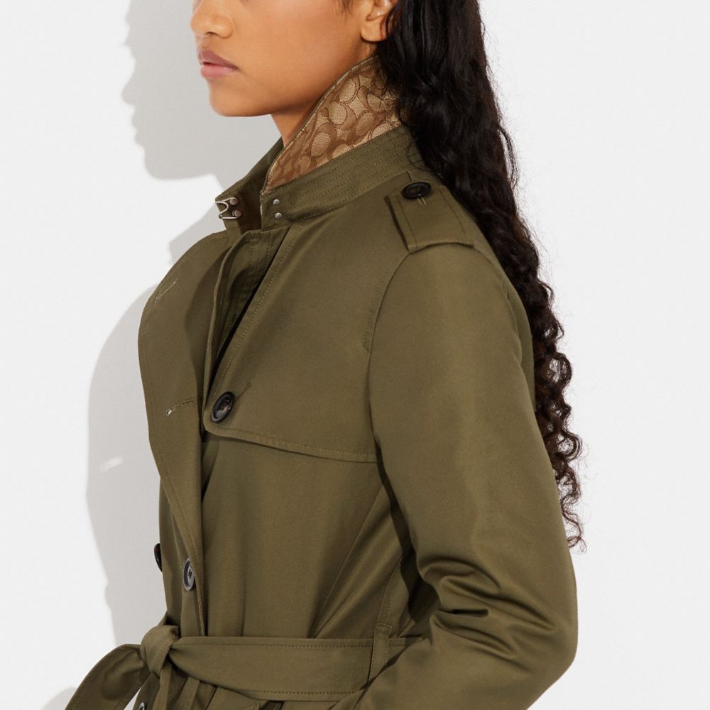 COACH®,Solid Mid Trench,Organic Cotton,Viscose,Polyester,Recycled Polyester,Trench,Button,Work,,Detail View