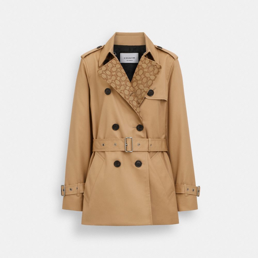 COACH®,Signature Lapel Short Trench,Beige,Front View