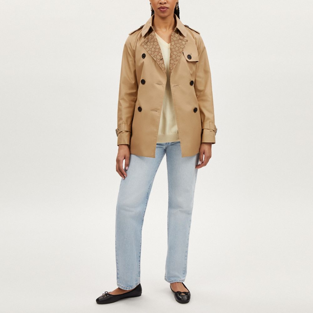 COACH®,Signature Lapel Short Trench,Recycled Polyester,Cotton,Polyester,Organic Cotton,Trench,Button,Logo,Work,Beige,Scale View
