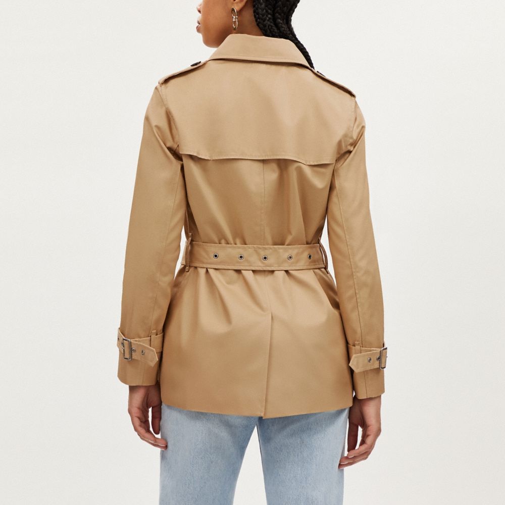COACH®,Signature Lapel Short Trench,Recycled Polyester,Cotton,Polyester,Organic Cotton,Trench,Button,Logo,Work,Beige,Scale View