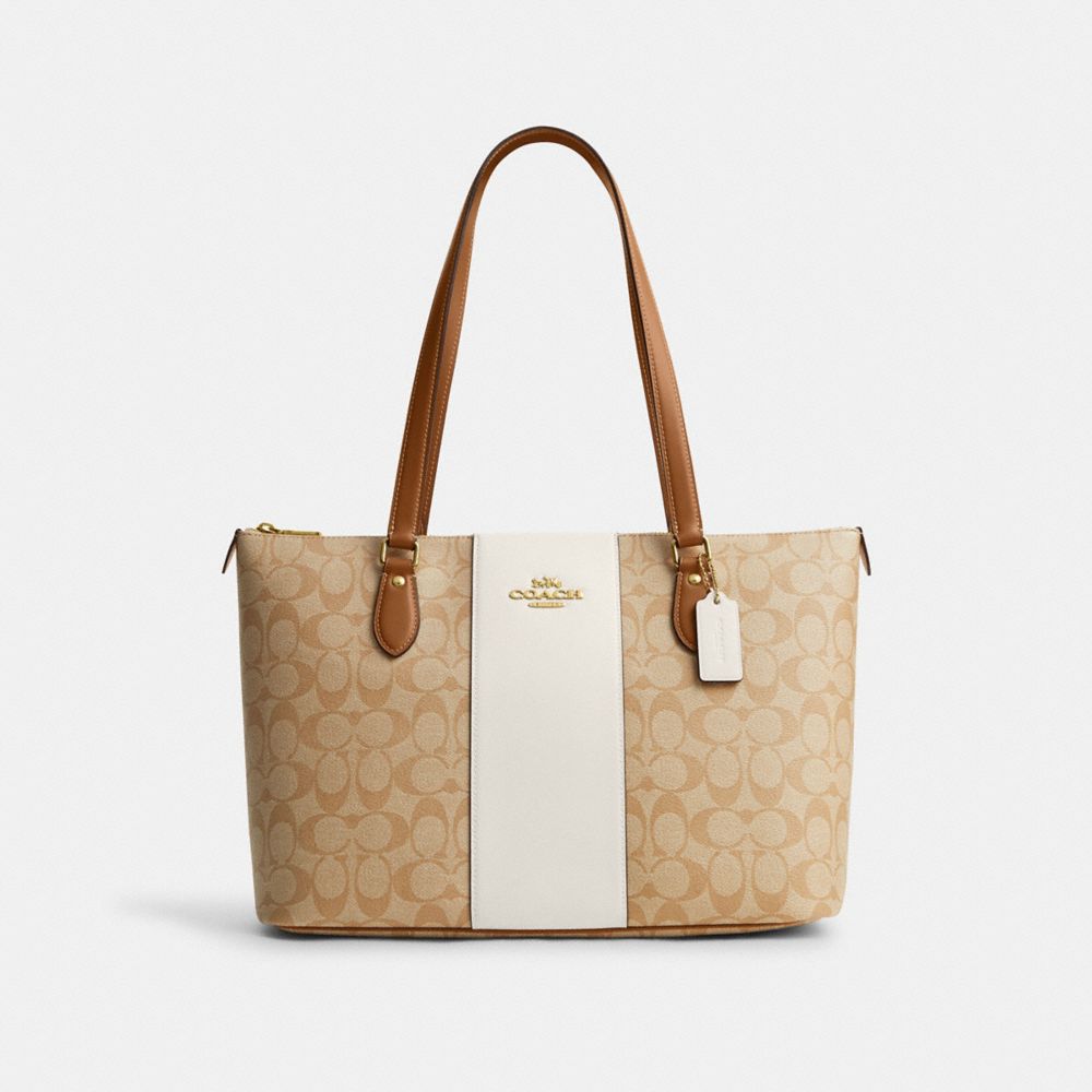 COACH®,GALLERY TOTE BAG IN SIGNATURE CANVAS WITH STRIPE,Signature Canvas,Im/Light Khaki/Chalk Lt Saddle,Front View