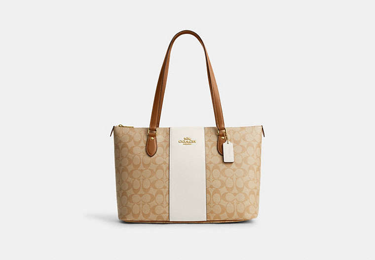 COACH®,GALLERY TOTE BAG IN SIGNATURE CANVAS WITH STRIPE,pvc,Large,Im/Light Khaki/Chalk Lt Saddle,Front View