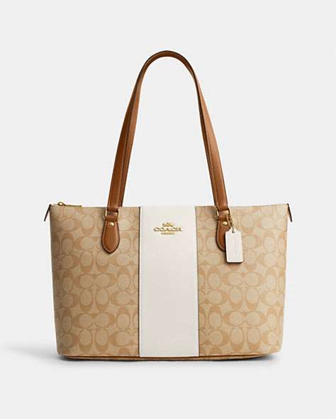 COACH®,GALLERY TOTE IN SIGNATURE CANVAS WITH STRIPE,pvc,X-Large,Im/Light Khaki/Chalk Lt Saddle,Front View