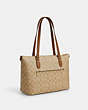 COACH®,GALLERY TOTE BAG IN SIGNATURE CANVAS WITH STRIPE,pvc,Large,Im/Light Khaki/Chalk Lt Saddle,Angle View