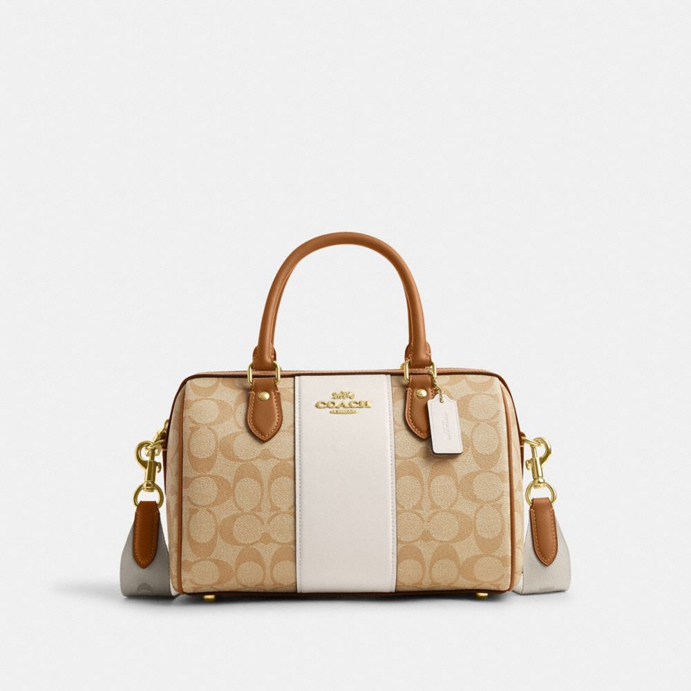 COACH®,ROWAN SATCHEL BAG IN SIGNATURE CANVAS WITH STRIPE,Signature Canvas,Medium,Im/Light Khaki/Chalk Lt Saddle,Front View