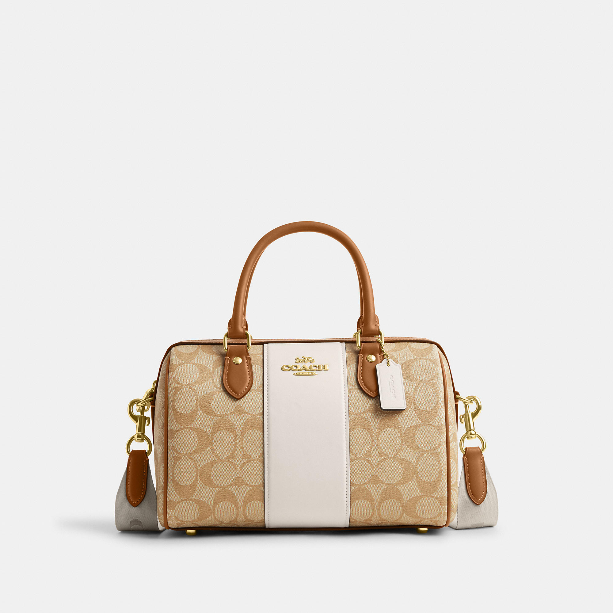 Shop Coach Rowan Satchel Bag In Signature Canvas With Stripe In Brown