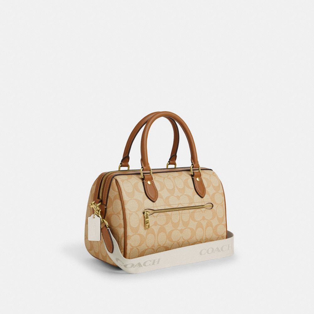 COACH®,ROWAN SATCHEL BAG IN SIGNATURE CANVAS WITH STRIPE,Signature Canvas,Medium,Im/Light Khaki/Chalk Lt Saddle,Angle View