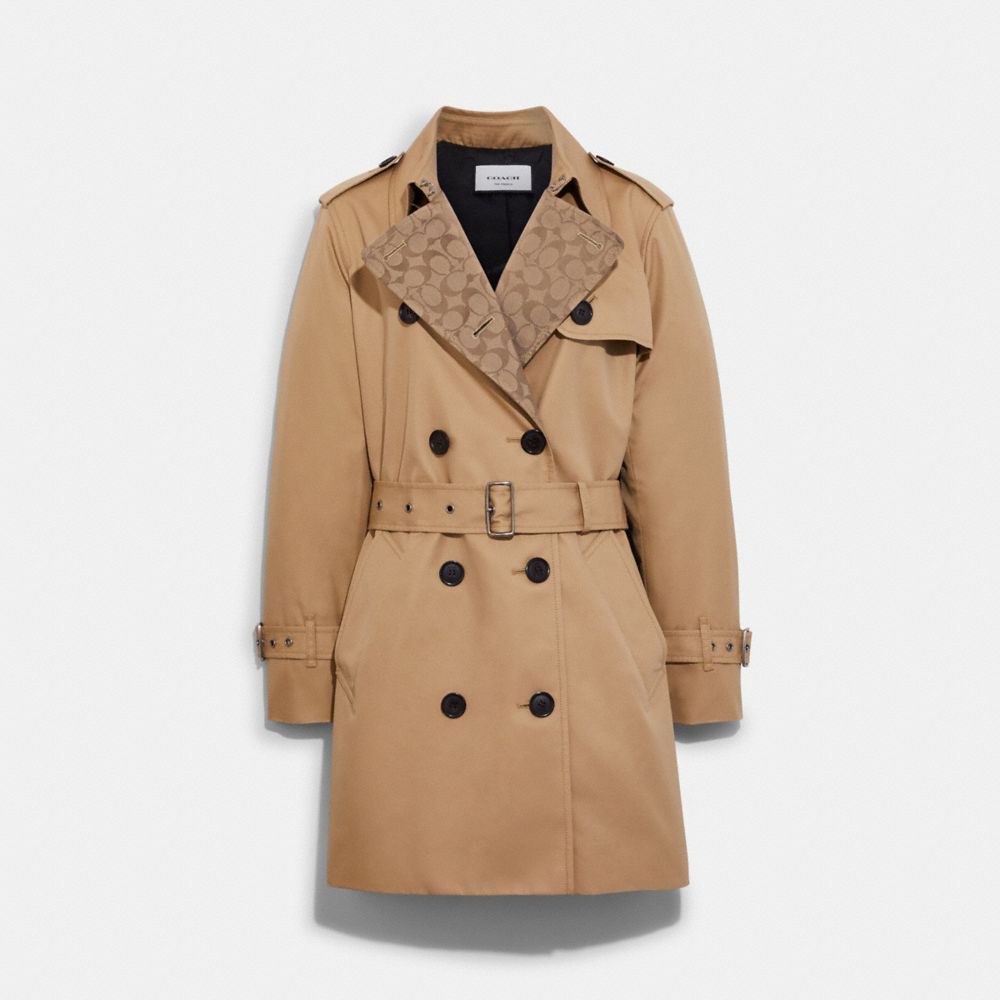 COACH®,SIGNATURE LAPEL MID TRENCH,Classic Khaki,Front View