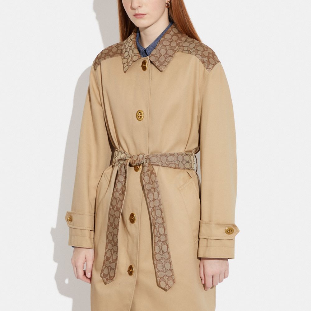 COACH®,Signature Turnlock Trench,Lyocell,Polyester,Cotton,Trench,Tie Belt,Work,Beige,Detail View