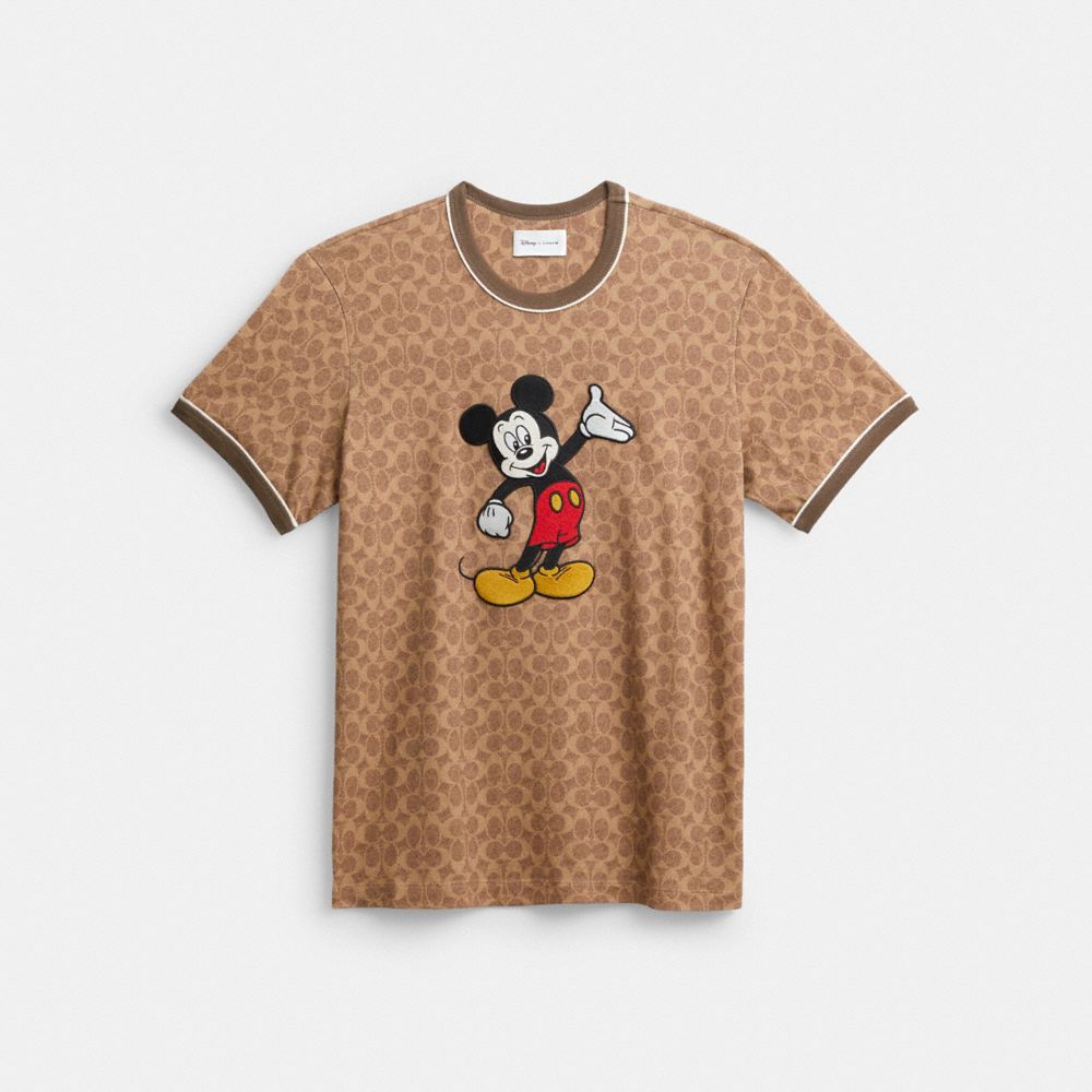 COACH®,DISNEY X COACH SIGNATURE MICKEY MOUSE T-SHIRT,Cotton/Polyester,Tan Signature,Front View