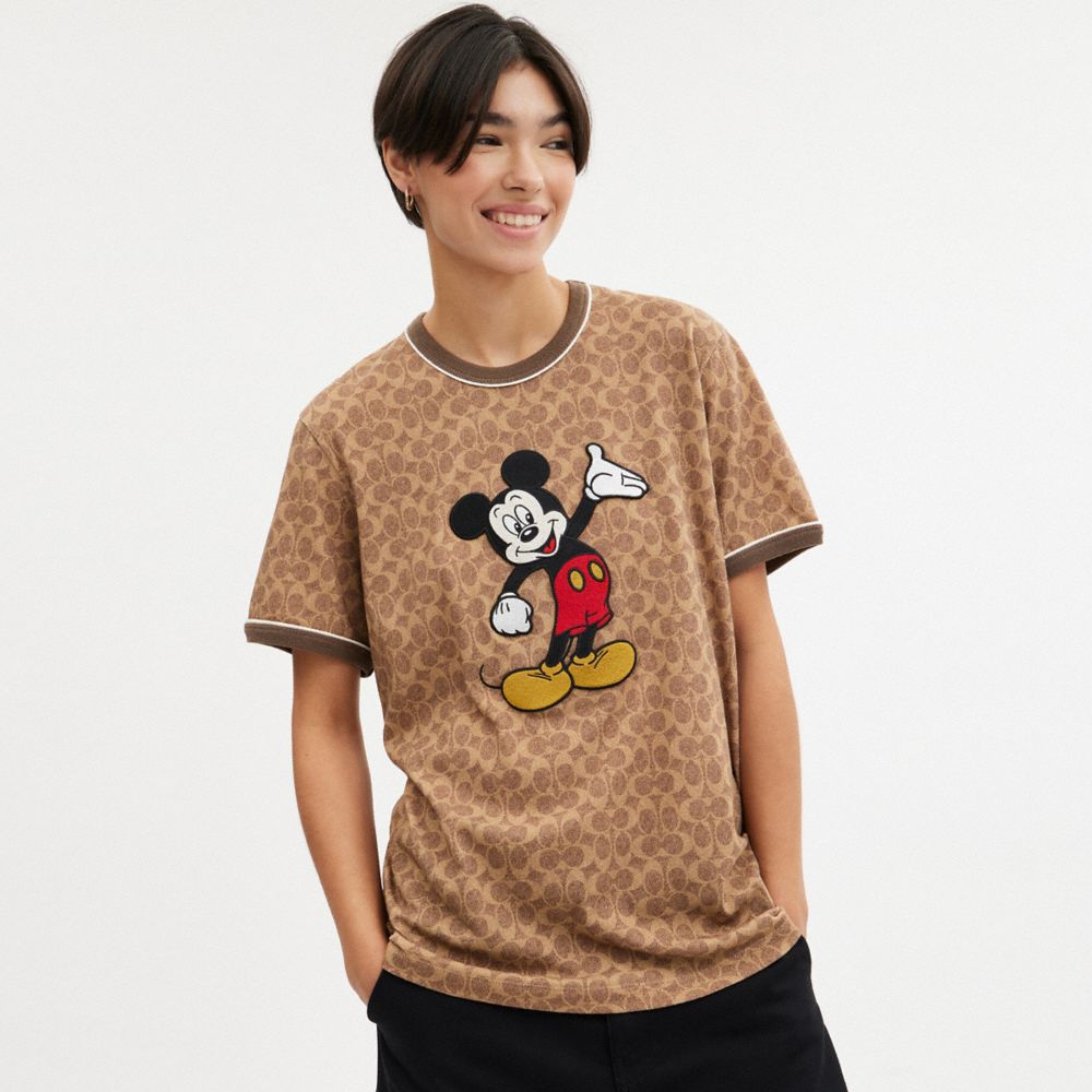COACH®,DISNEY X COACH SIGNATURE MICKEY MOUSE T-SHIRT,Cotton/Polyester,Tan Signature,Scale View