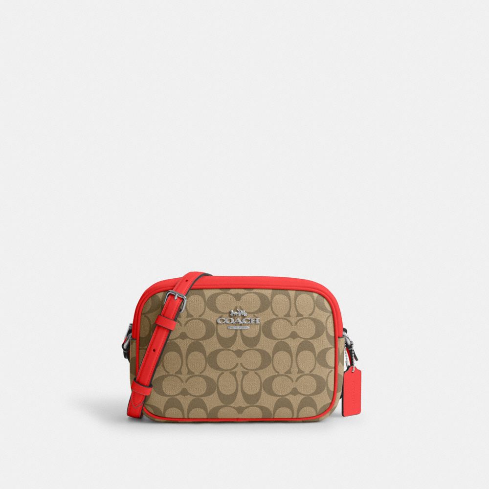 COACH®,JAMIE CAMERA BAG IN SIGNATURE CANVAS,Signature Canvas,Medium,Silver/Khaki/Miami Red,Front View