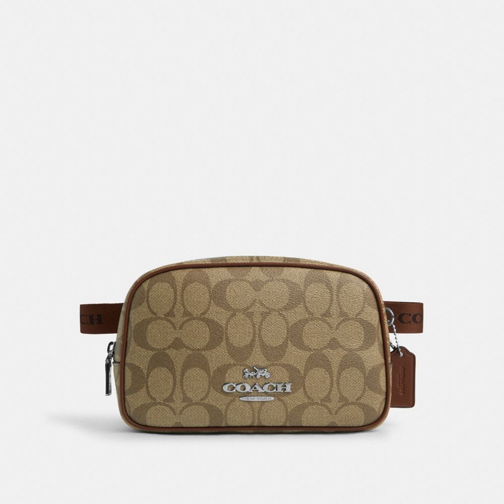 COACH®,PACE BELT BAG IN SIGNATURE CANVAS,Signature Canvas,Small,Silver/Khaki/Saddle,Front View