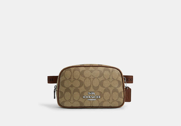 COACH®,PACE BELT BAG IN SIGNATURE CANVAS,pvc,Small,Silver/Khaki/Saddle,Front View
