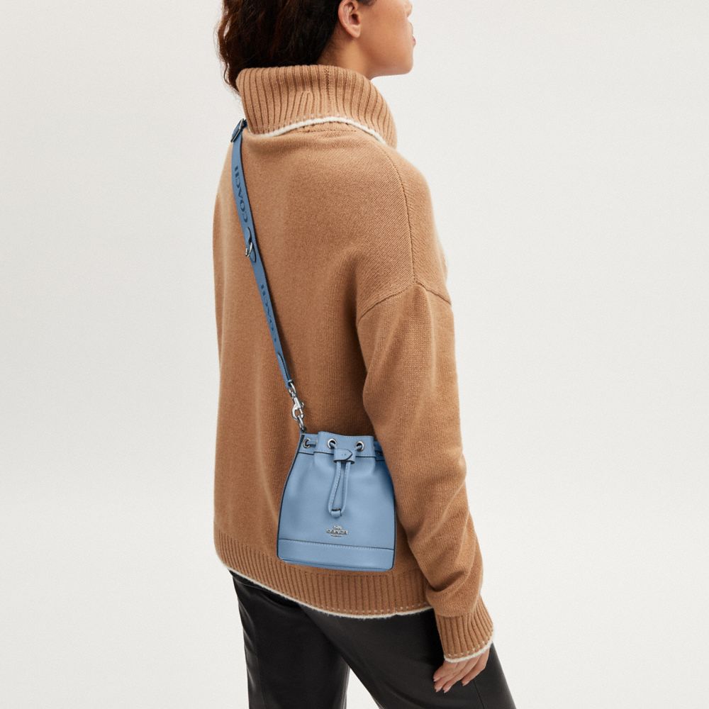 COACH®,Mini Bucket Bag,Leather,Bucket,Logo,Silver Metal,Casual,Blue,Detail View