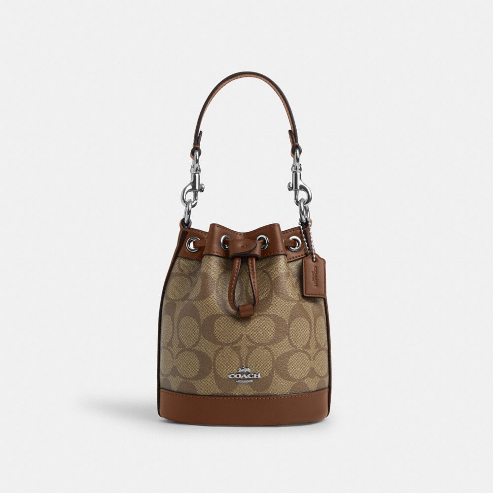 COACH®,MINI BUCKET BAG IN SIGNATURE CANVAS,Signature Canvas,Small,Silver/Khaki/Saddle,Front View image number 0