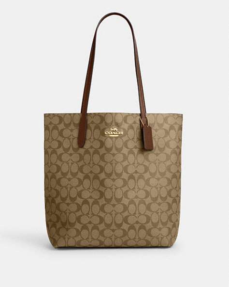 COACH®,THEA TOTE BAG IN SIGNATURE CANVAS,pvc,Large,Gold/Khaki Saddle 2,Front View