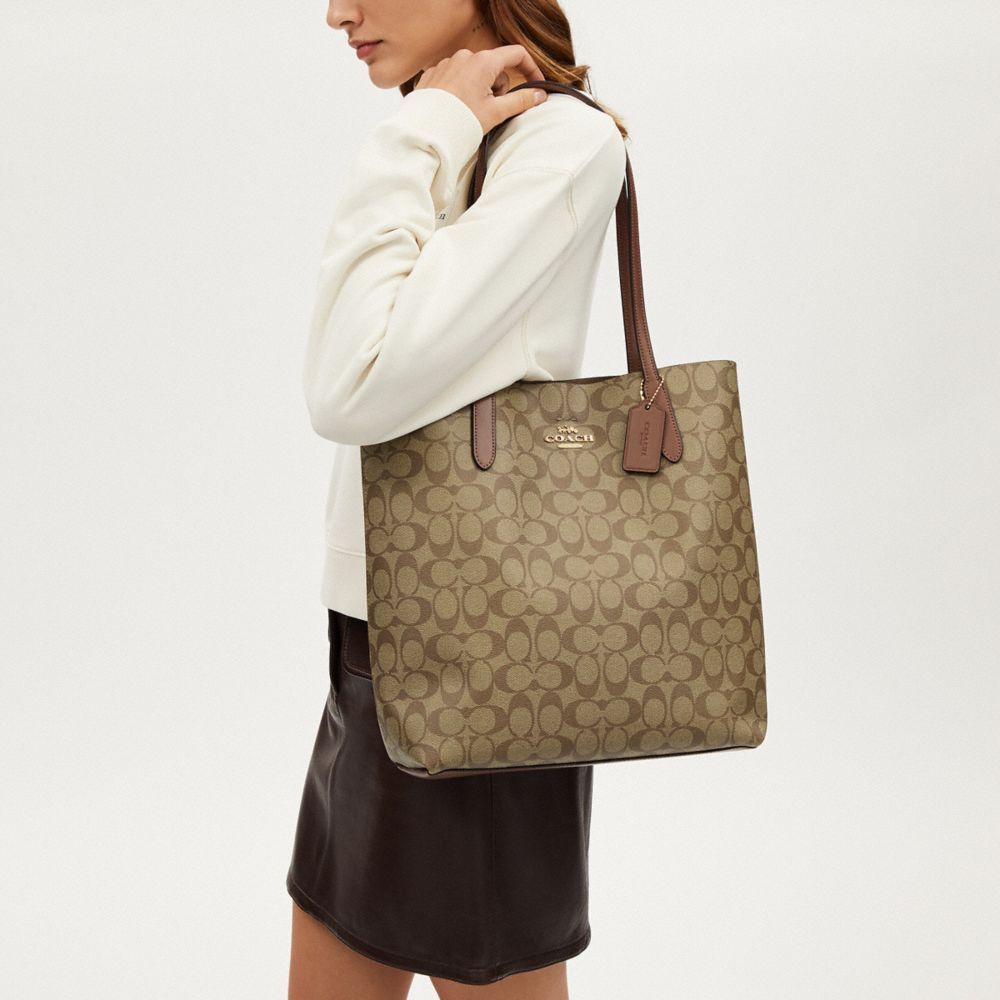 COACH®,Thea Tote Bag In Signature Canvas,Canvas,Leather,Tote,Logo,Casual,Beige,Detail View