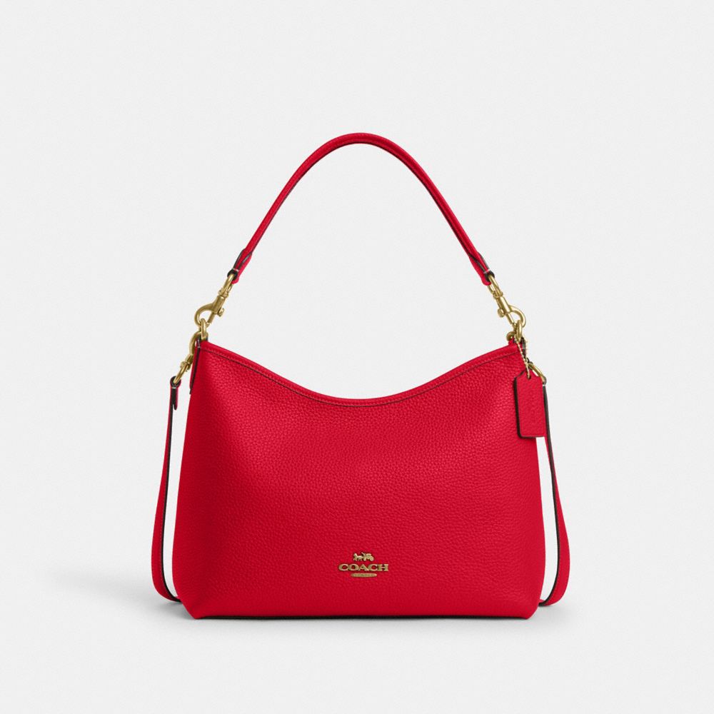 COACH®,Laurel Shoulder Bag,Leather,Hobo,Logo,Gold Metal,Casual,Red,Front View