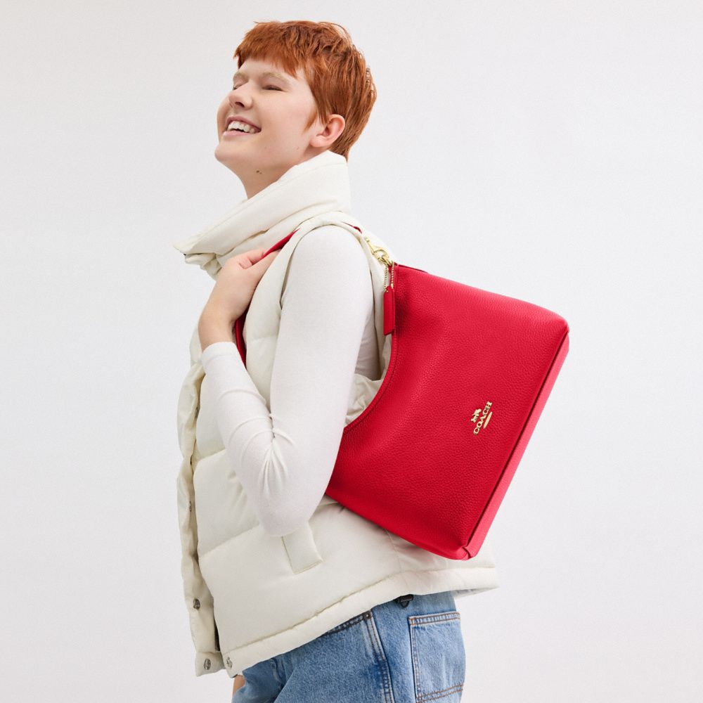 COACH®,Laurel Shoulder Bag,Leather,Hobo,Logo,Gold Metal,Casual,Red,Detail View