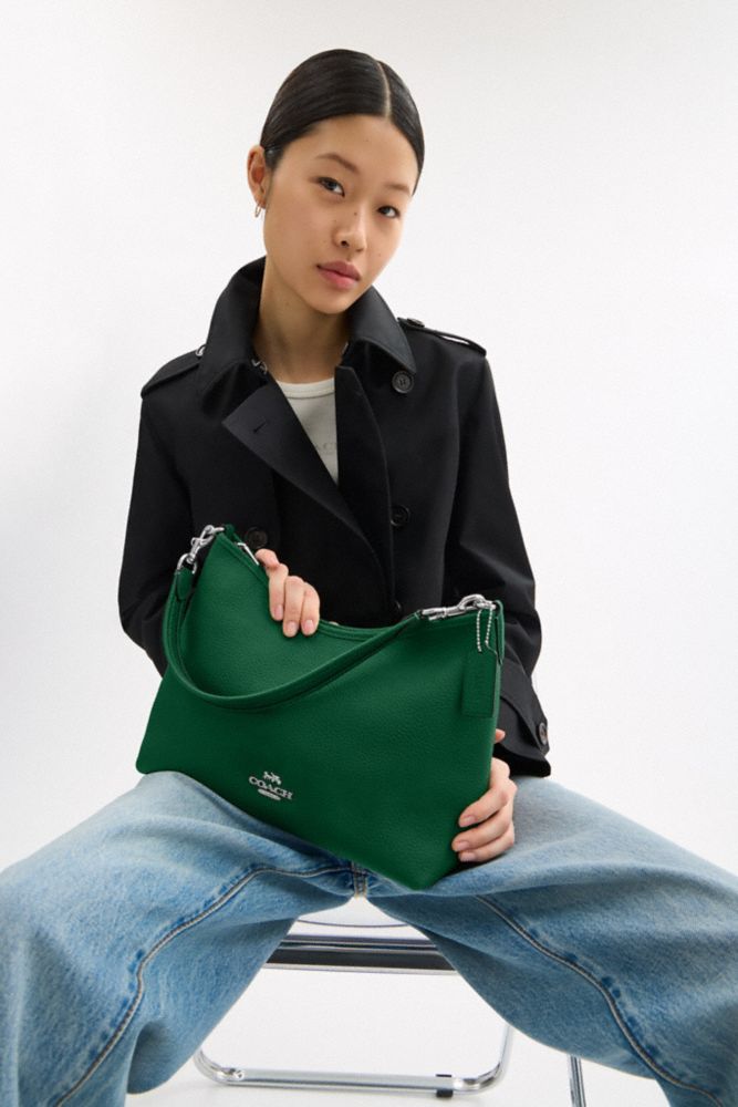 COACH®,Laurel Shoulder Bag,Leather,Hobo,Logo,Gold Metal,Casual,Emerald